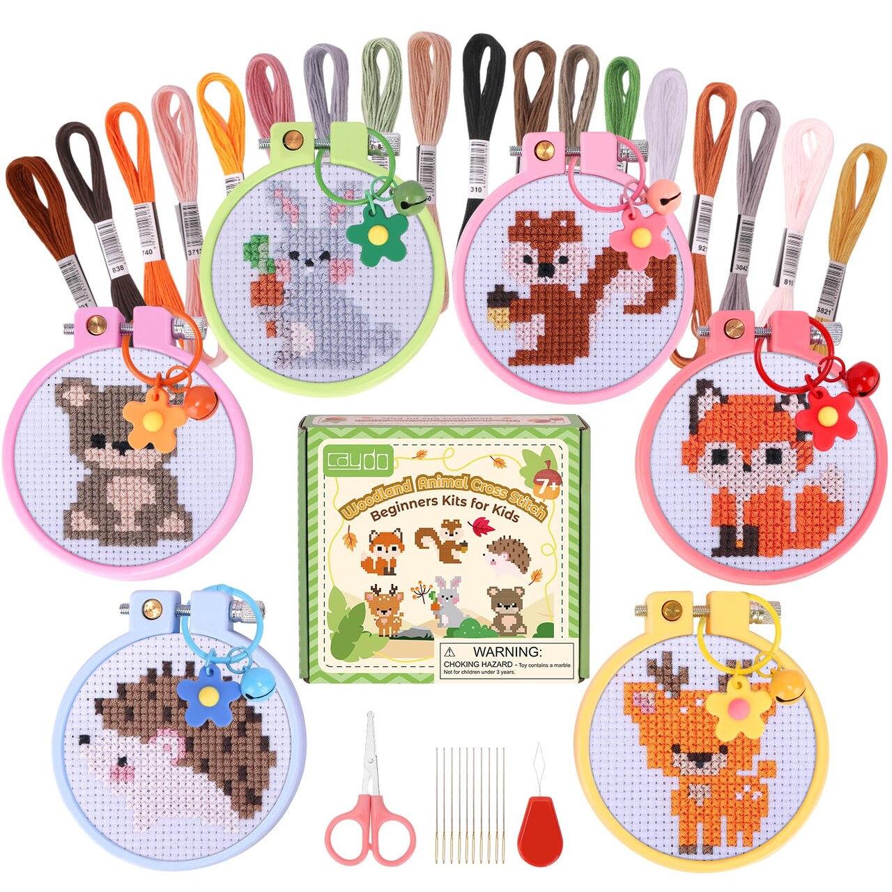 6 Pieces Cross Stitch Kit for Kids Embroidery Kits with Woodland Animal Patterns Needlepoint Kit Kids with Instructions for DIY Key Chain, Backpack Charms, Ornaments and Needle Craft